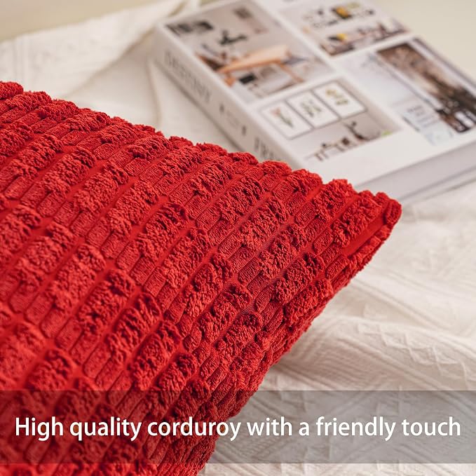 Aegero Pack of 2 Christmas Red Corduroy Decorative Throw Pillow Covers 16x16 Inch Soft Striped Pillow Covers Modern Farmhouse Home Decor for Sofa Living Room Couch Bed（Red）