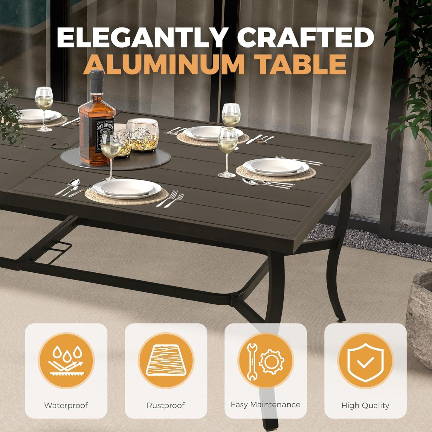 HAPPATIO Outdoor Dining Table for 8, Aluminum Rectangle Outdoor Dining Table with Umbrella Hole, All-Weather Aluminum Patio Dining Table for Garden Yard Poolside, Only Table, Black