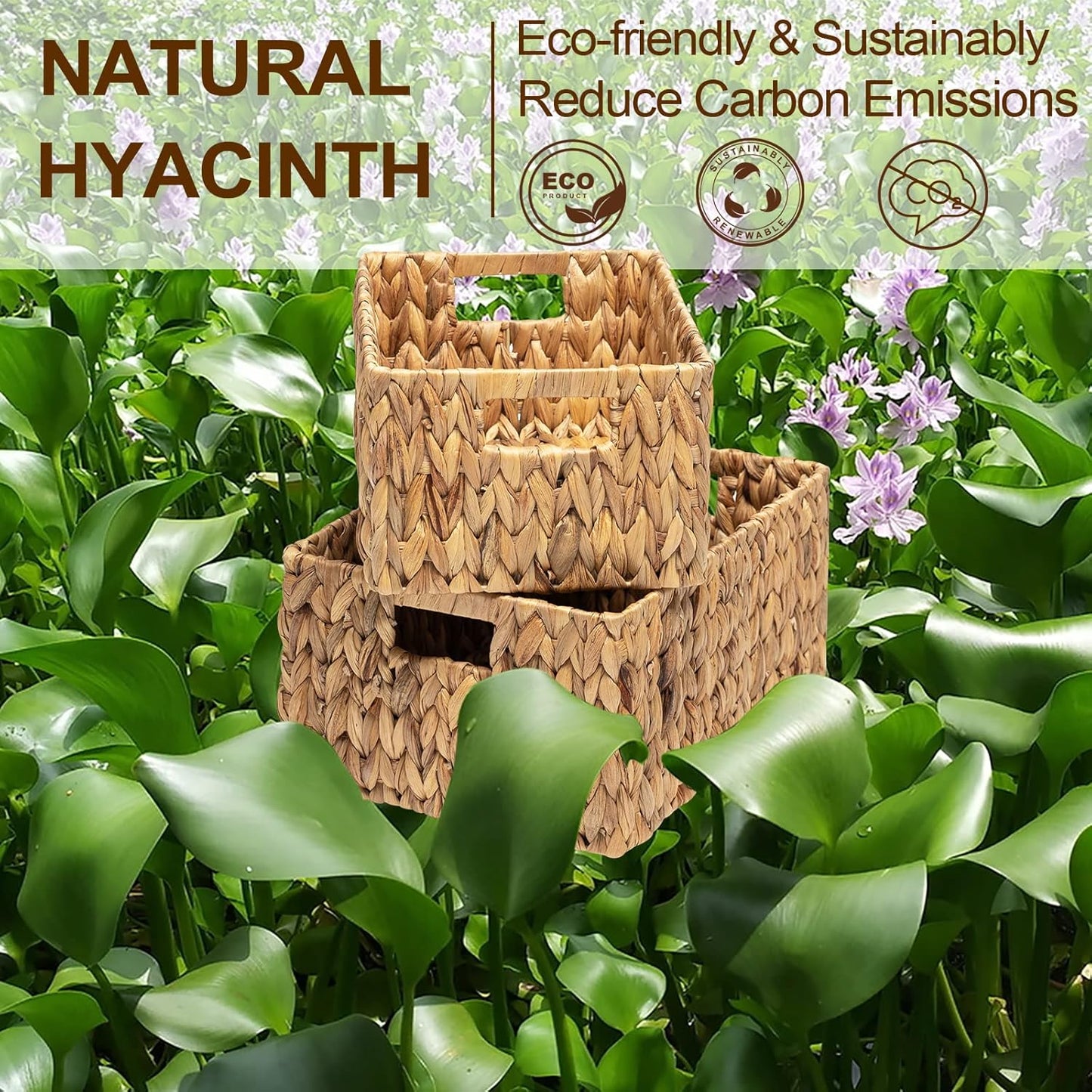 FairyHaus Wicker Baskets 15x11x7 & 13.4x9.5x6.5, 2 Pack Handmade Big Wicker Storage Basket with Handles, Natural Water Hyacinth Wicker Baskets for Storage Shelves Organizing, Rectangle Wicker Basket
