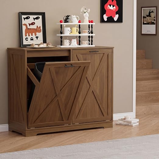 Double Tilt Out Trash Can Cabinet, Wooden Farmhouse Kitchen Garbage Bin Enclosure with Negative Ion Odor Control, Hidden Dog Proof Trash or Laundry Basket Storage for Laundry Room, Walnut