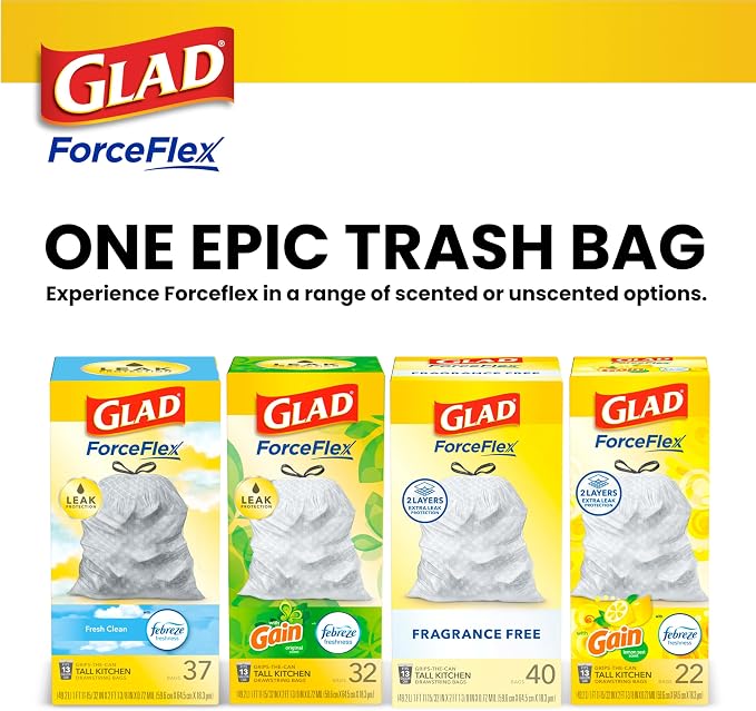 Glad ForceFlex Tall Kitchen Drawstring Trash Bags,13 Gal,Fragrance Free,110 Ct (Package May Vary),(Pack of 3)
