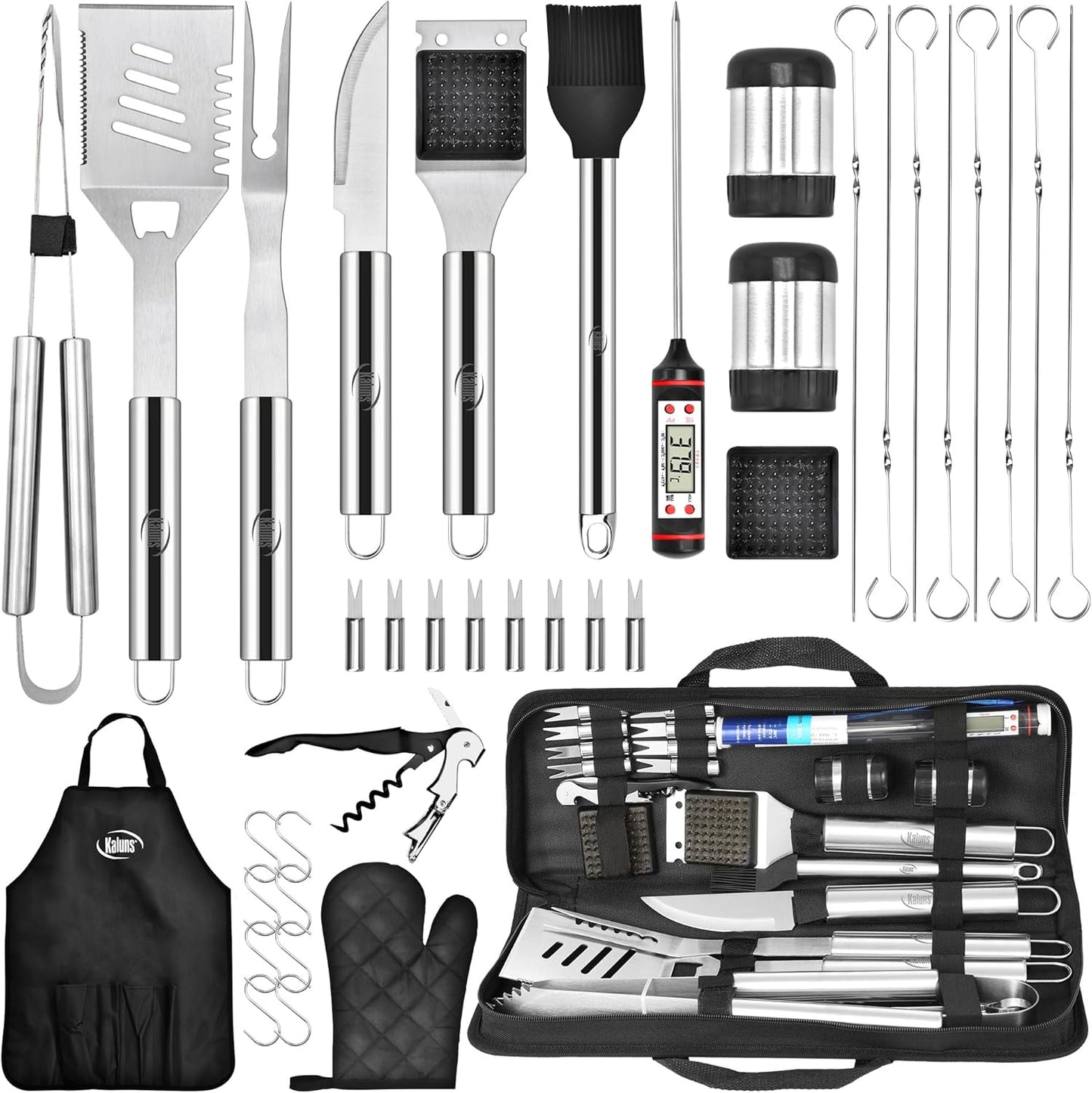 Kaluns Grilling Accessories, Dad Gifts for Christmas Grilling Gifts, Heavy Duty Stainless Steel Grill Set BBQ Grill Accessories for Outdoor Grill with Meat Thermometer, Case and Apron