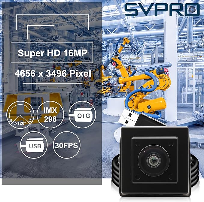 SVPRO 16MP USB Camer, 120° Wide Angle, Distortion-Free Webcam for Computer Laptop, Embedded Video Camera with IMX298 Sensor for Machine Vision, USB2.0 Industrial Camera for 3D Printer