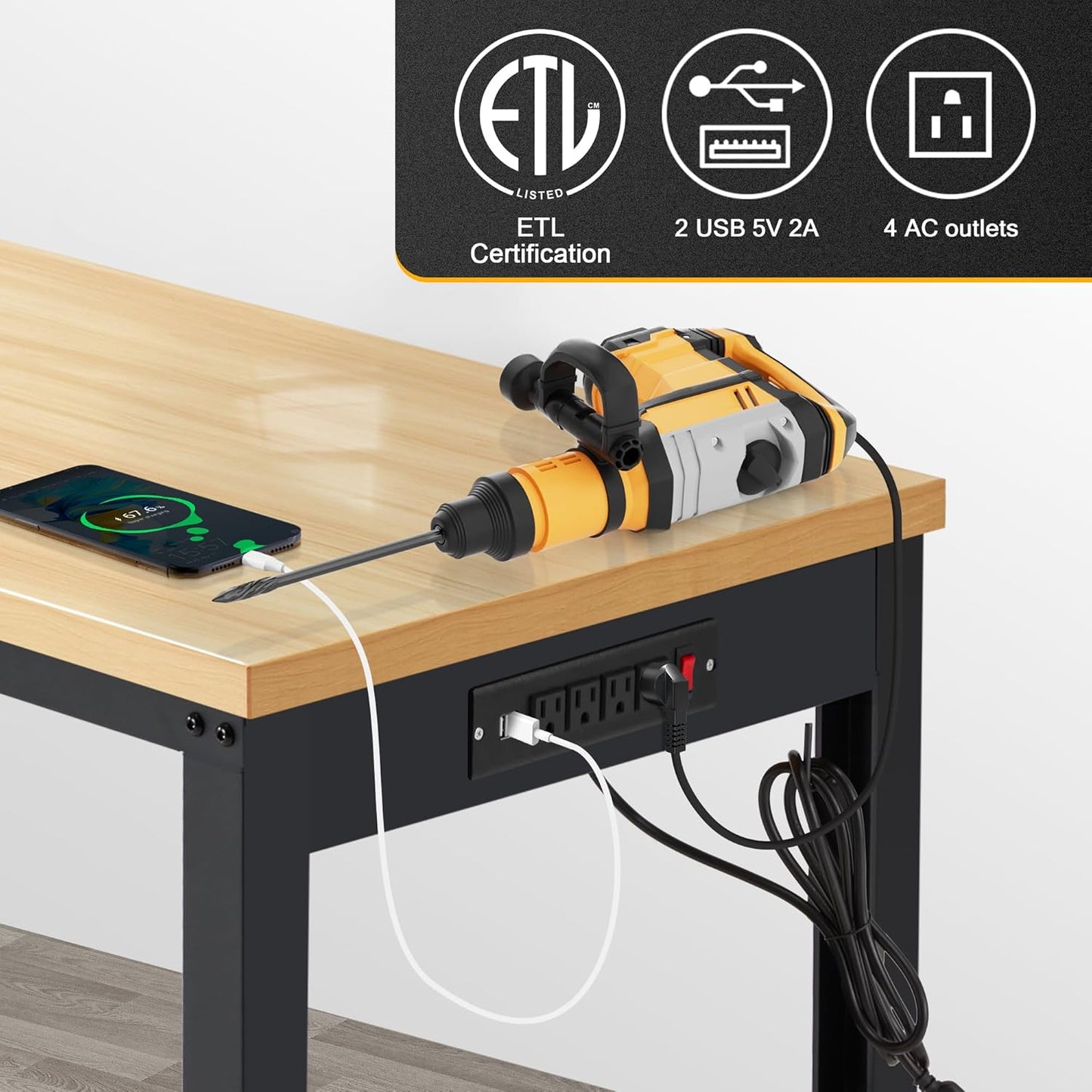 48” Adjustable Workbench，Heavy Duty Wood Work Bench 2000 Lbs Load Capacity,Work Table with Power Outlet for Garage, Workshop, Office, Home