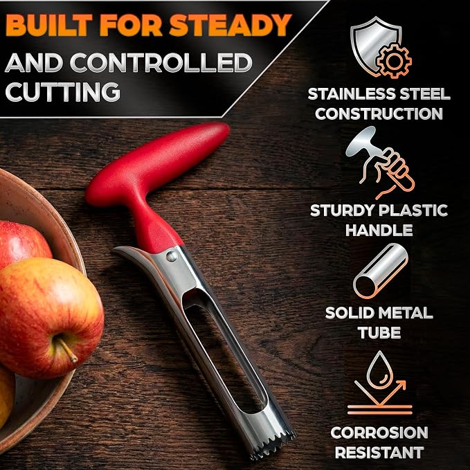 Apple Corer Tool - Apple Core Remover with Ergonomic Red Handle, Durable Food-Safe Stainless Steel 7.3" Fruit Corer for Apples, Peppers, Tomatoes, Cupcakes, Spring Baking & Summer Pies, Easy to Clean