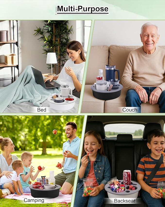 Couch Cup Holder Tray Round, Bonfixe 4-Cups Bedside Drink Holder for Elderly/Pregnancy, Stable Non-Spill Silicone Couch Caddy for Remote Control, Glasses‌, Snacks, Phones‌ (White-Black)