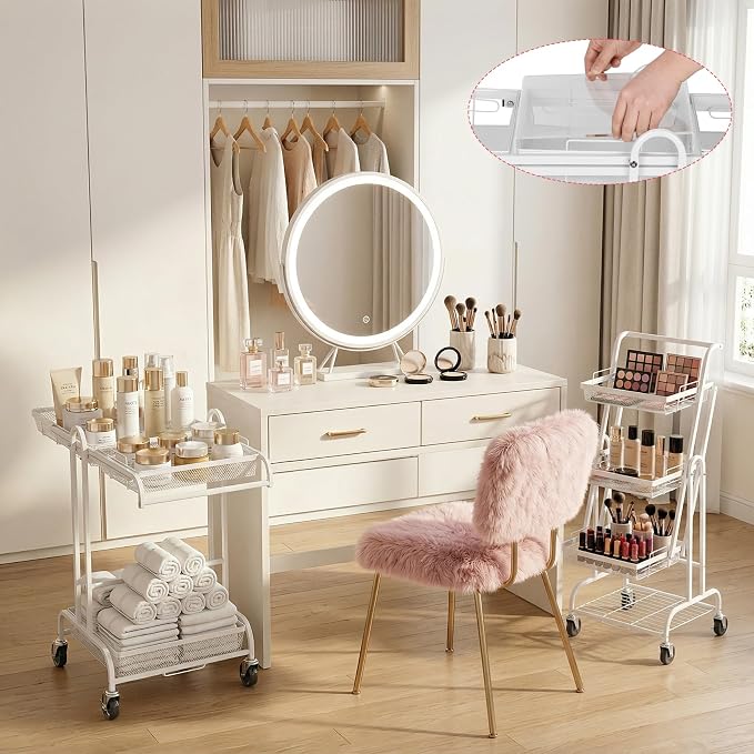 Werhoo 90° to 180° Adjustable Makeup Organizer Cart (Detachable Tabletop) with Drawers-4 Tier, Metal Beauty Cart with Enlarged Wheel Move to Bedroom, Bathroom and Living Room for Flexible Makeup