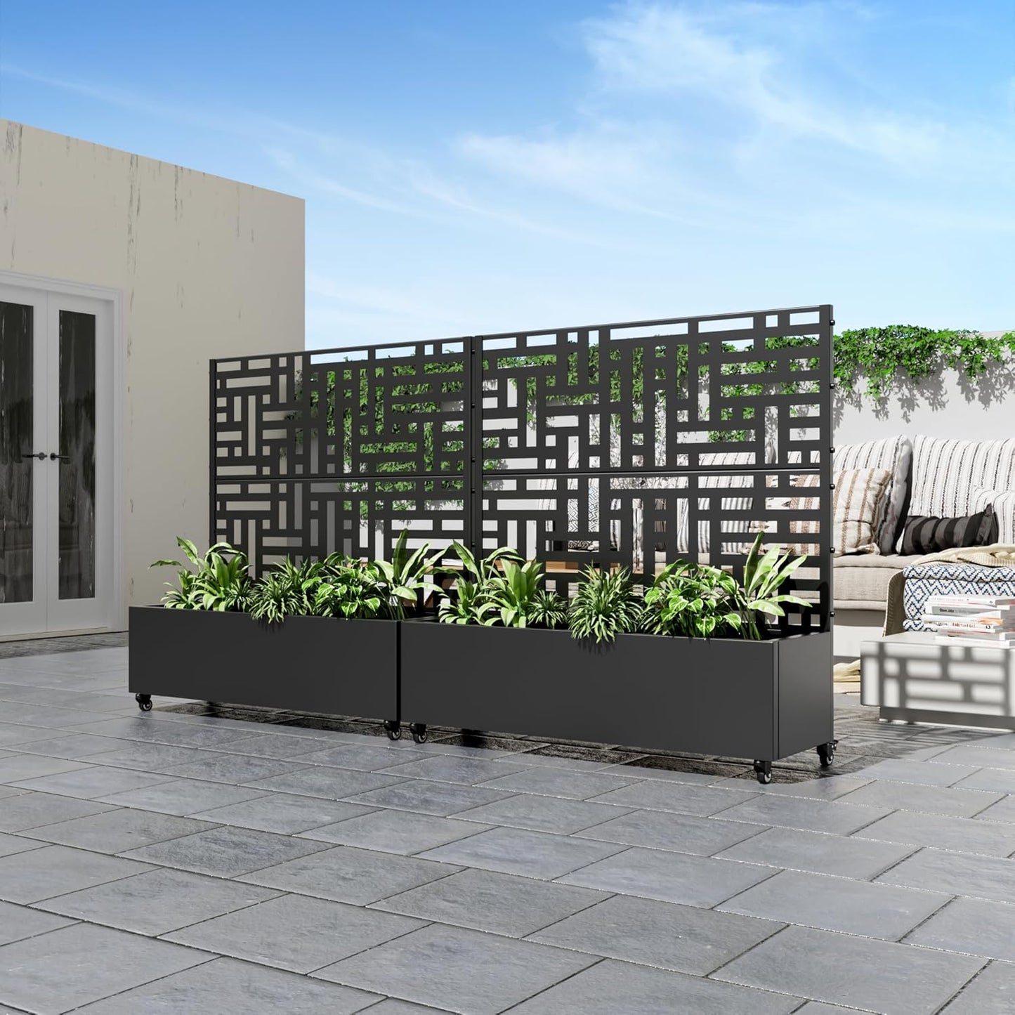 Casaphoria Metal Raised Garden Bed with Trellis and Wheels, 47"x47"x16" Planter Box for Climbing Plants, Vegetables & Vines, Features Drainage Holes and Privacy Screen (Black-Helen)