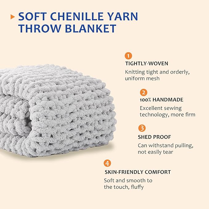 L'AGRATY Chunky Knit Blanket Throw: 72''x84'' Chenille Chunky Knitted Throw Blanket for Bed Couch - Handmade Thick Big Cable Knit Blanket - Large Chunky Crochet Rope Blanket for Home Decor(Grey)