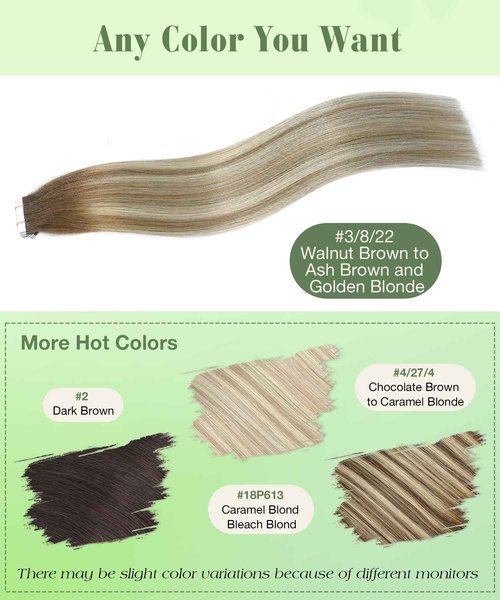 SURNEL Tape in Human Hair Extensions Balayage Walnut Brown to Ash Brown and Golden Blonde Tape in Hair Extensions 22 inch 20pcs 50g(#3/8/22-22)