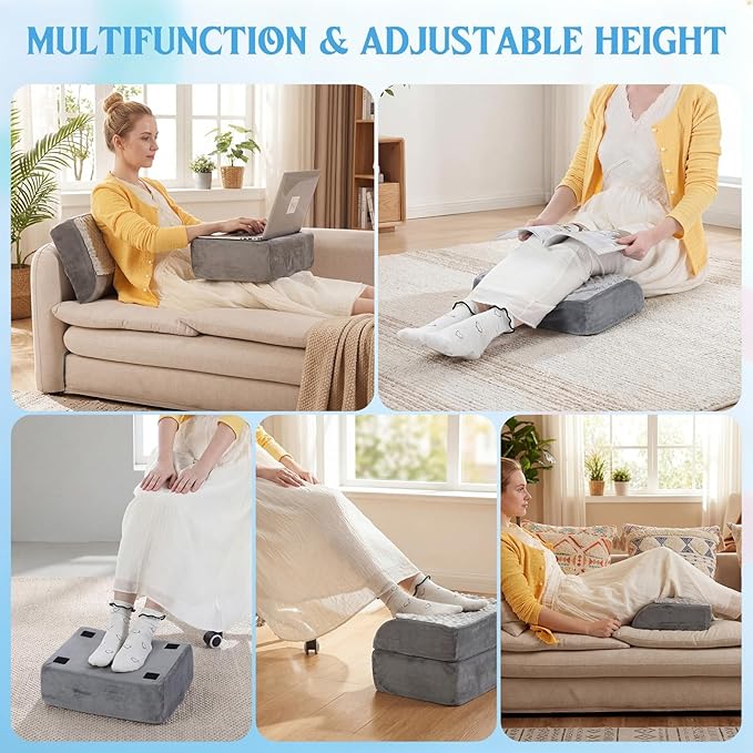 Novabright Foot Rest Under Desk, 3 Height Adjustable Ergonomic Foot Stool with Gel Textured Top and Cozy Pocket, Non-Slip Foam Footrest for Office Home Car(15" X 11" X 14.4",Cambered,Gray)