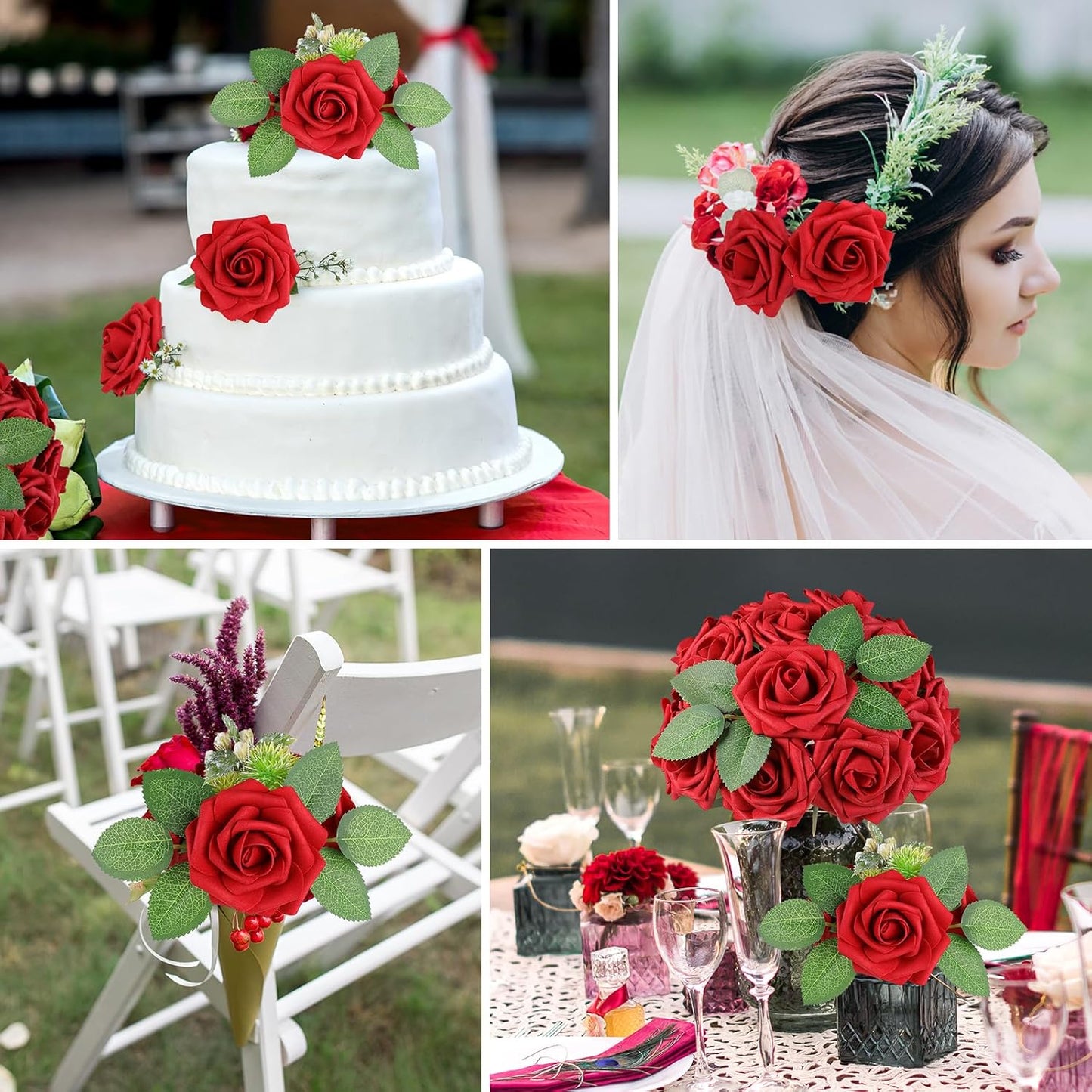 AmyHomie 25pcs Real Looking Artificial Red Roses w/Stem for DIY Wedding Bouquets Centerpieces Arrangements Party Baby Shower Home Decorations