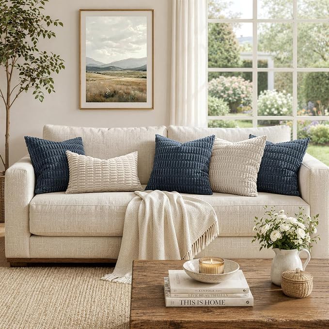 MIULEE Pack of 2 Corduroy Decorative Throw Pillow Covers 16x16 Inch Soft Boho Striped Pillow Covers Modern Farmhouse Home Decor for Summer Coastal Sofa Living Room Couch Bed Blue