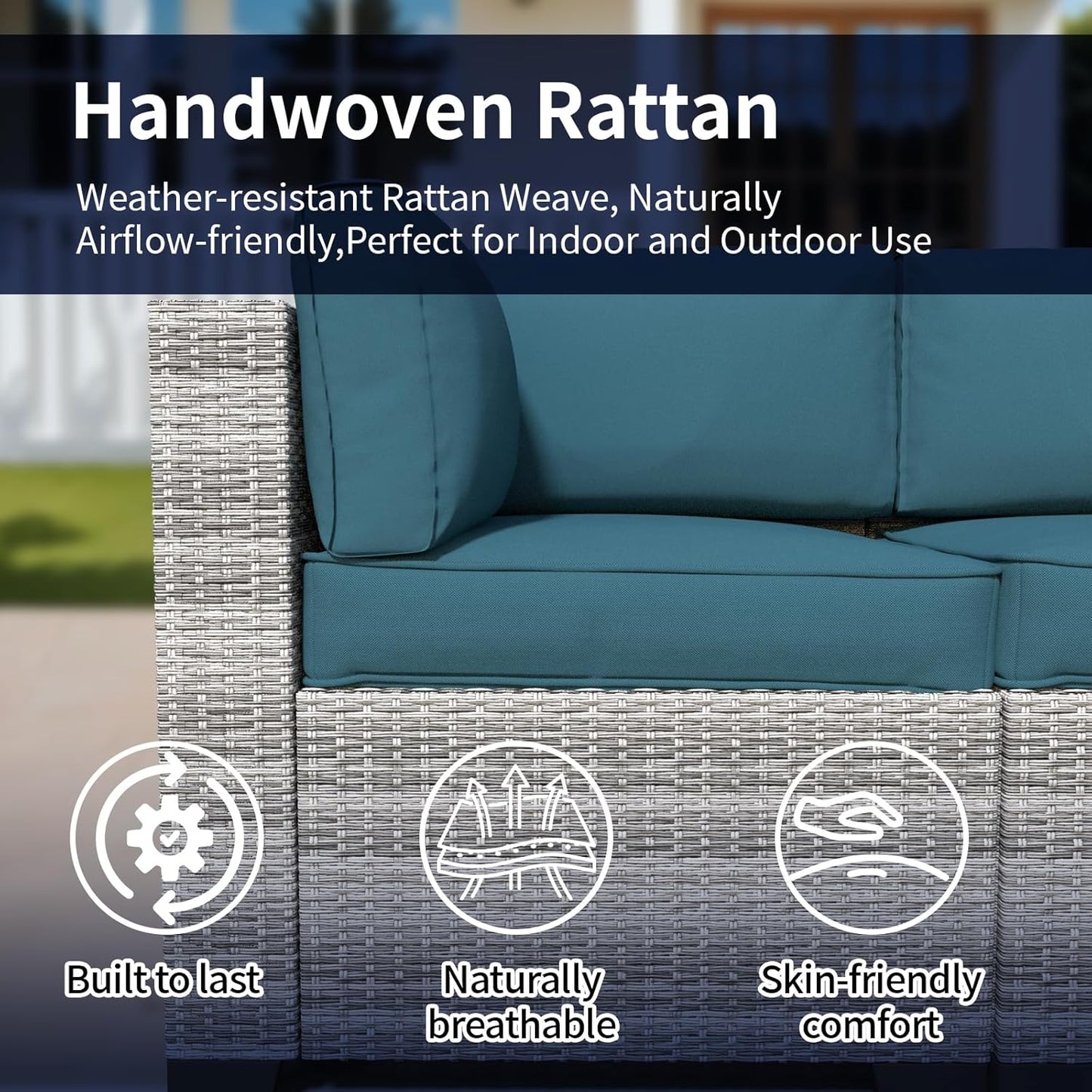 7 Piece Patio Furniture Set, Rattan Outdoor Patio Conversation Sets, Outdoor Sectional Furniture with Waterproof Cushion and Coffee Table, for Deck, Backyard, Garden, Peacock Blue-2