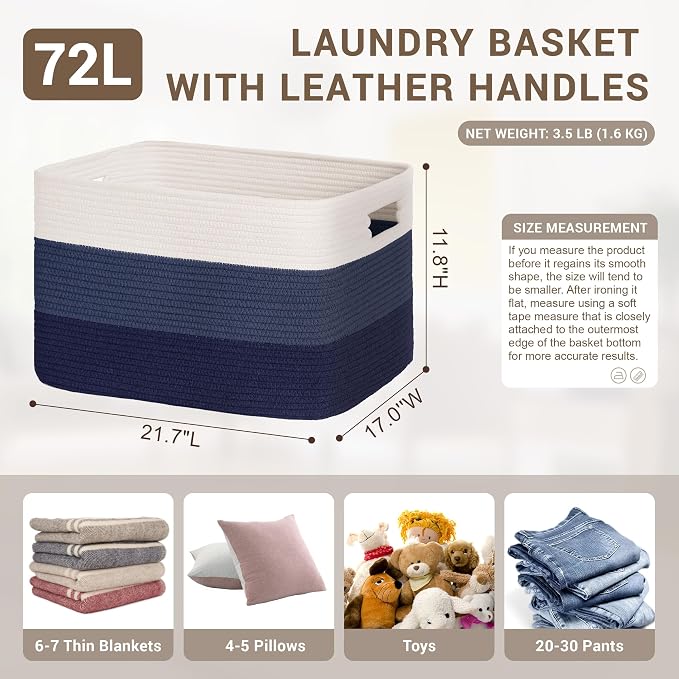 72L Large Laundry Basket with Leather Handles for Living Room Storage, Woven Rope Baskets Bin for Blanket, Kids Toy, Gifts, Wicker Hamper for Bedroom Dirty Clothes, 22"x17"x12" Gradient Blue