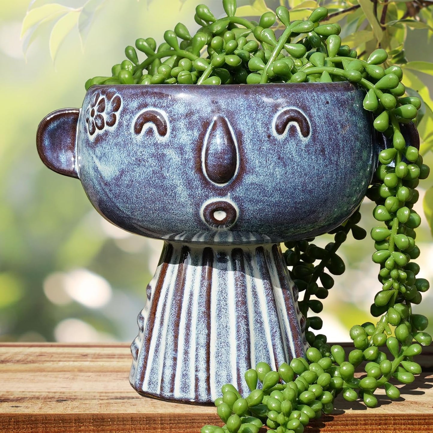 Planter, Ceramic Cute Face Flower Pot Head, Indoor Outdoor, Drainage Hole, 7x5x6 inches, Light Blue