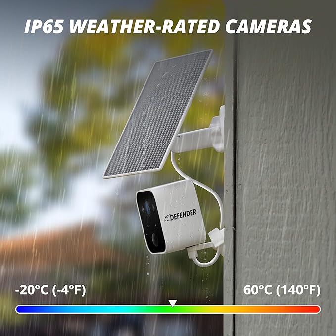 Defender Solar Powered 4K/8MP AI Everwatch Wireless Outdoor Security Camera, 4 Pack, Battery Powered, AI Tracking, Color Night Vision, Spotlight/Siren, IP66 Rated, Two-Way Talk, No Monthly Fees