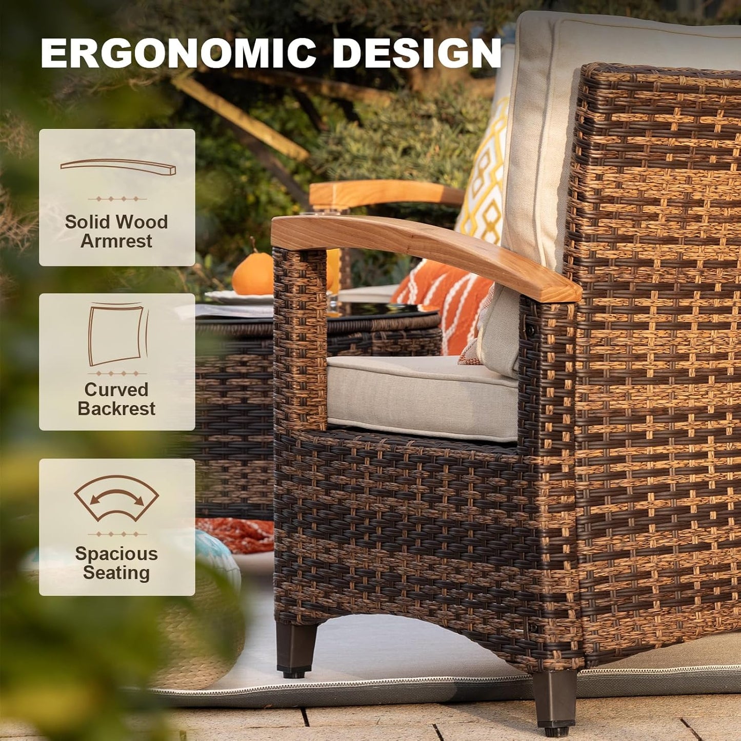 6 Piece Outdoor Patio Furniture Set, Half-Moon Curved Sectional Set with Wood Armrests, Patio Conversation Set, Tempered Glass Coffee & Side Tables (Brown)