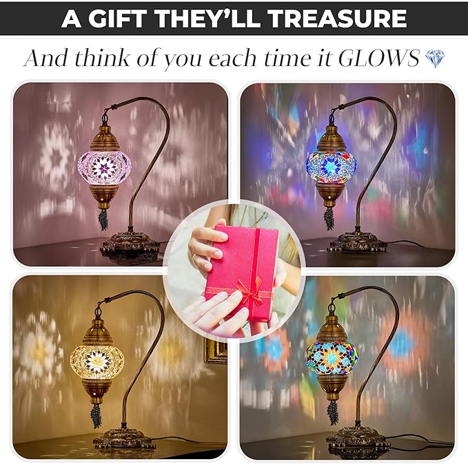 DEMMEX Turkish Moroccan Mosaic Table Lamp – Handcrafted Tiffany-Style Colorful Glass Swan Neck Bedside, Desk, Table Light, Boho Artisan Accent Lighting for Bedroom or Living Room – 15" H, Pink