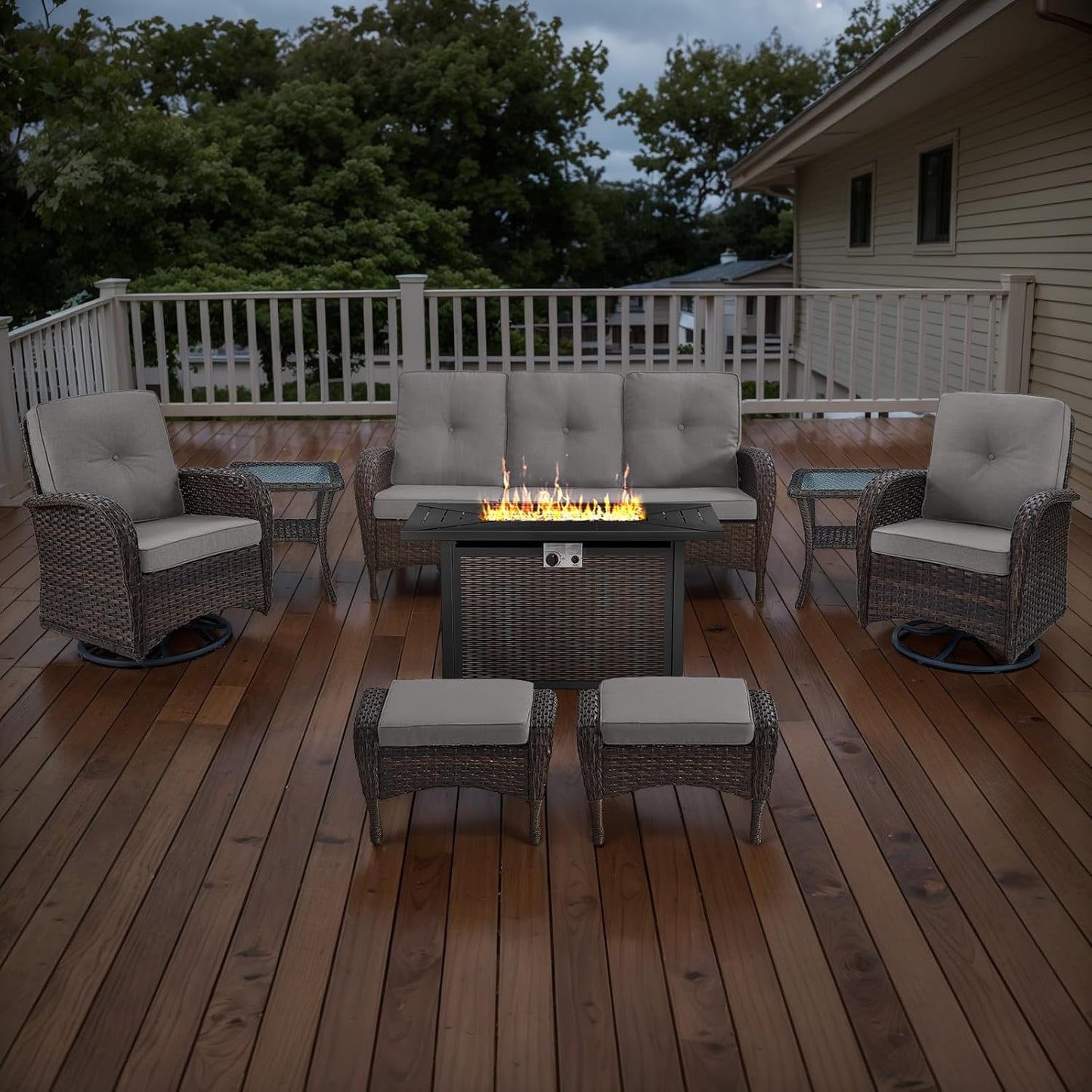 8 Piece Patio Furniture Set with 50000 BTU Propane Fire Pit Table, Outdoor Conversation Set with 2 Swivel Rocker Chairs Wicker Sofa and Ottomans for Casual Gatherings Beige Cushion