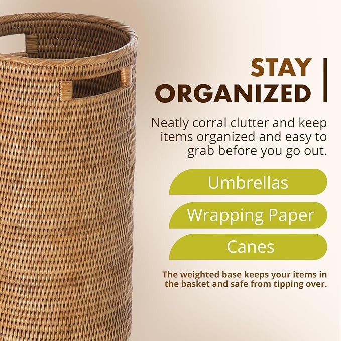 KOUBOO La Jolla Rattan Umbrella Stand, Handmade, Honey Brown, Umbrella Holder, Sturdy, Walking Sticks, Canes, Entryway, Mudroom, Office, Dip Tray, Home Decor