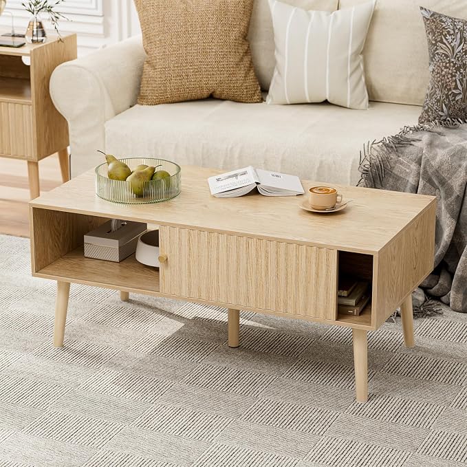 LCRBOL Coffee Table with Storage, Boho Dining Table with Sliding Fluted Door and Solid Wood Legs, Small Coffee Tables for Living Room, Oak