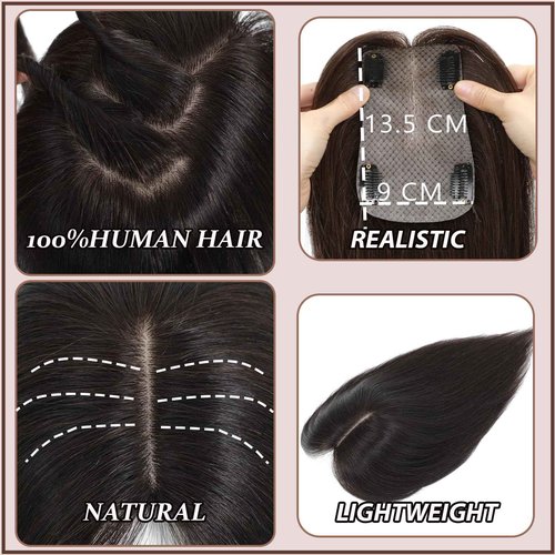 RMYHIG Hair Toppers for Women Real Human Hair, 360° 3D Human with Thinning Upgrade Middle Part Clip in Bangs Topper Hair Pieces for Women Daily (Mocha Brown, 14 Inch-3D-Side)