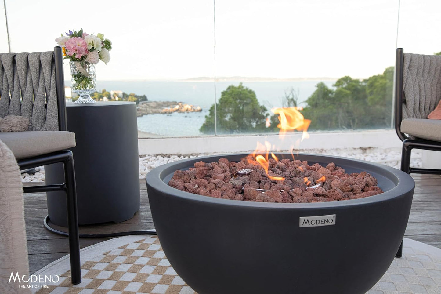 AMS Fireplace | Modeno Jefferson Pakage | Black Liquid Propane Gas Fire Pit Table for Outside Patio Bundle with Tank Cover and SS Burner Lid | Free Ice Bucket