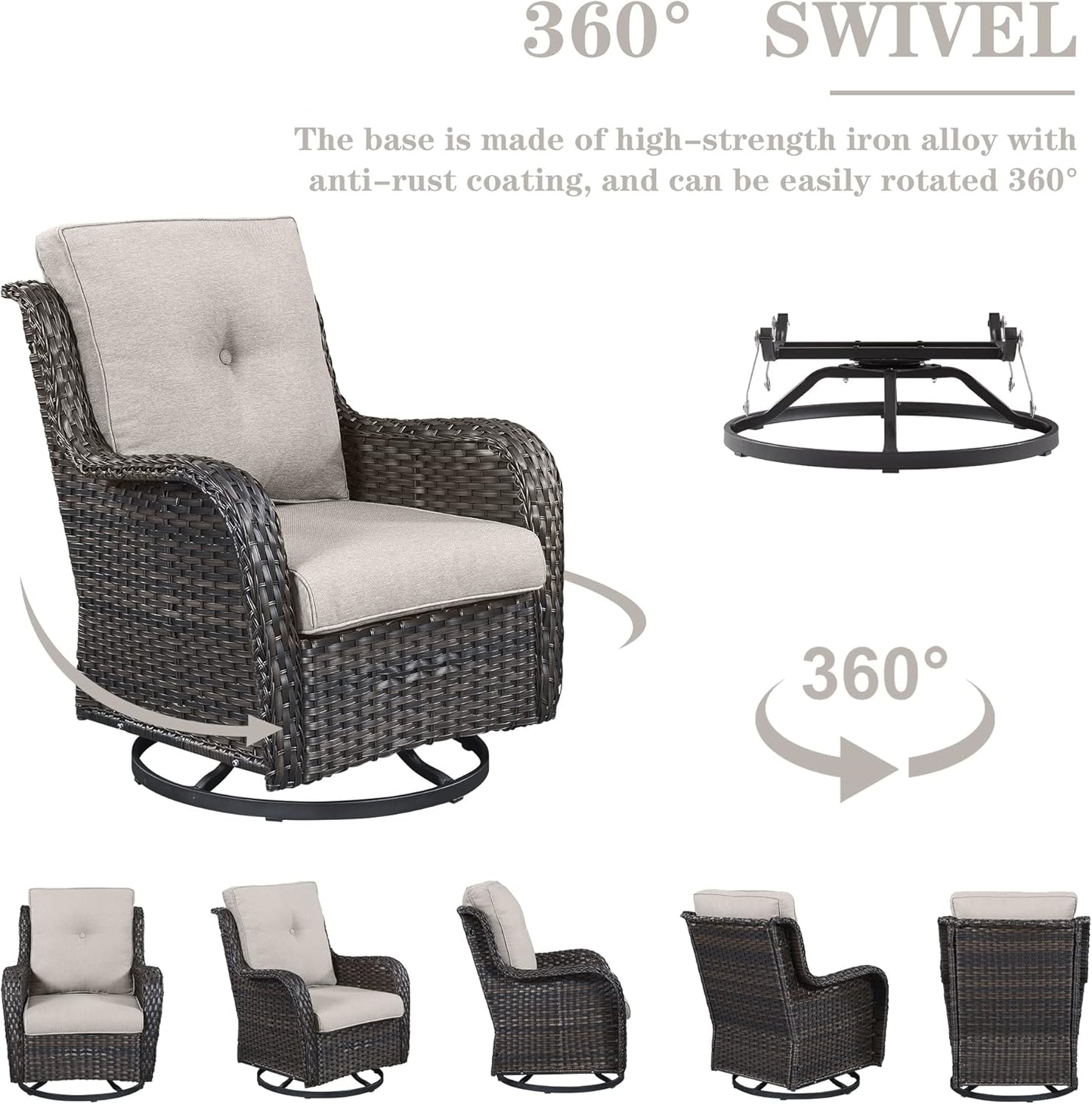 5 Pieces Patio Wicker Furniture Set - 4 Outdoor Swivel Rocker Glider Chairs with Propane Fire Pit Table, Warm Patio Conversation Set Beige Cushion Perfect for Casual Gathering