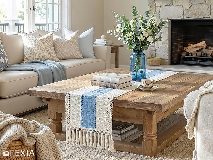 FEXIA Summer Table Runner Light Blue for Home Decor with Tassels 72 Inches Farmhouse Long Rustic Table Runner Macrame Burlap Centerpieces for Tables Decoration for Baby Shower(12x72 Inches)