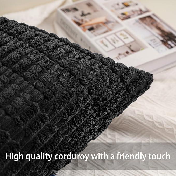 Aegero Pack of 2 Corduroy Decorative Throw Pillow Covers 22x22 Inch Soft Striped Pillow Covers Modern Farmhouse Home Decor for Sofa Living Room Couch Bed（Black）