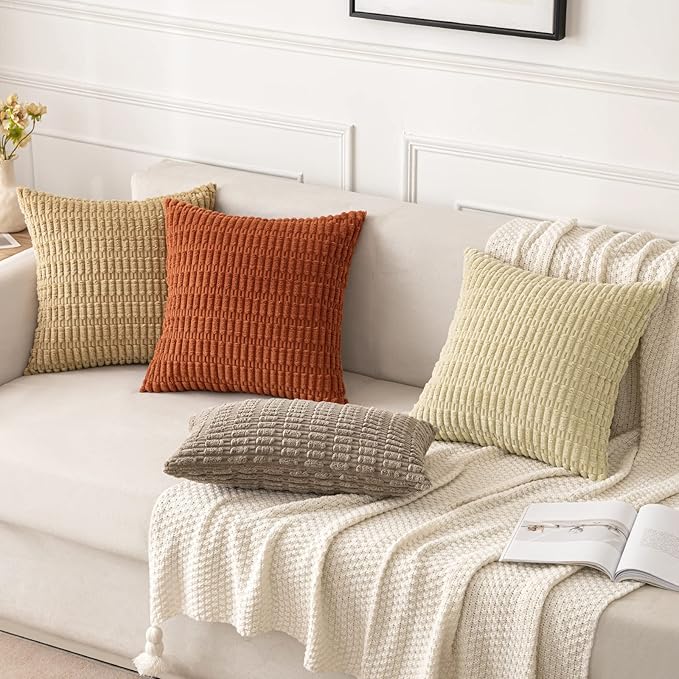 MIULEE Pack of 2 Corduroy Decorative Throw Pillow Covers 20x20 Inch Soft Boho Striped Pillow Covers Modern Farmhouse Home Decor for Sofa Living Room Couch Bed Khaki
