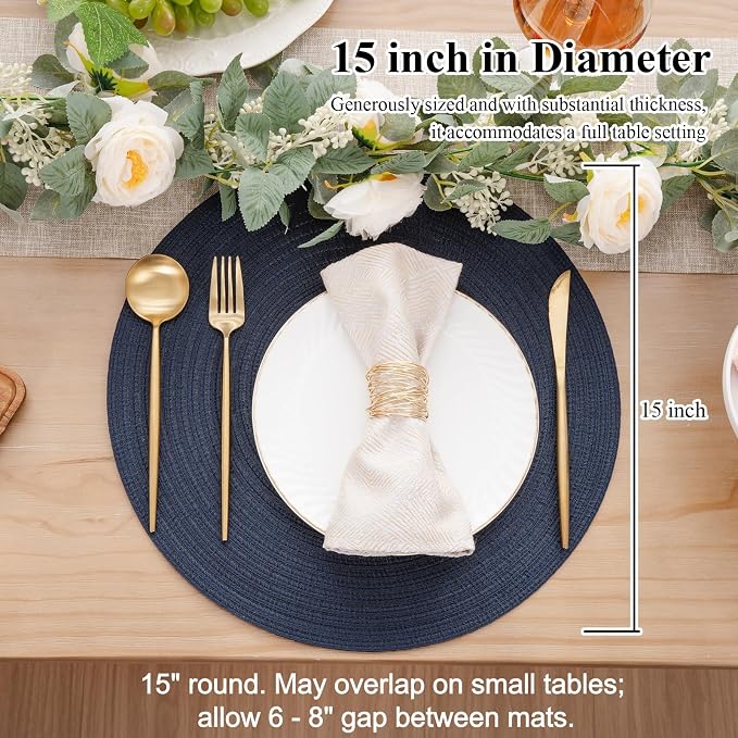 SHACOS Round Placemats Set of 4 Washable 15 inch Round Table Mats Cotton Polyester Woven Braided Place Mats for Dining Table, Navy