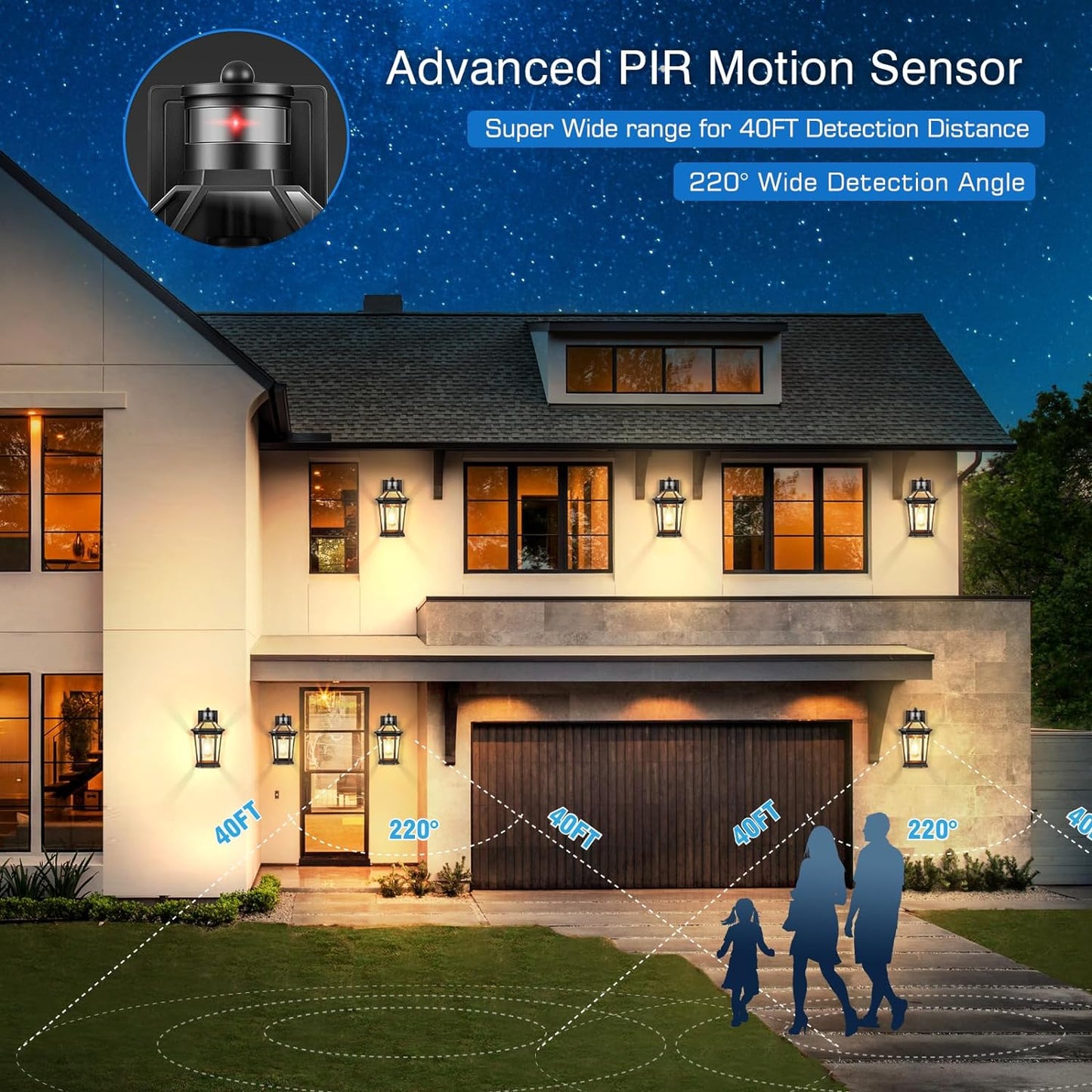 VIANIS Motion Sensor Outdoor Lighting, Outdoor Wall Lights Wall Mount with Clear Glass, Black Dusk to Dawn Garage Light Sconce, Waterproof Exterior Lights for House, Brightness Distance Adjustable