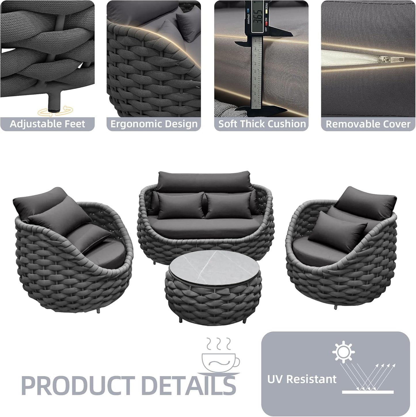 TWT Patio Furniture Sofa Set 4 Pieces Aluminum Outdoor Furniture w/27.8in Coffee Table,Patio Conversation Set with Hand Woven Textilene Rope for Backyard Garden Poolside,Dark Gray