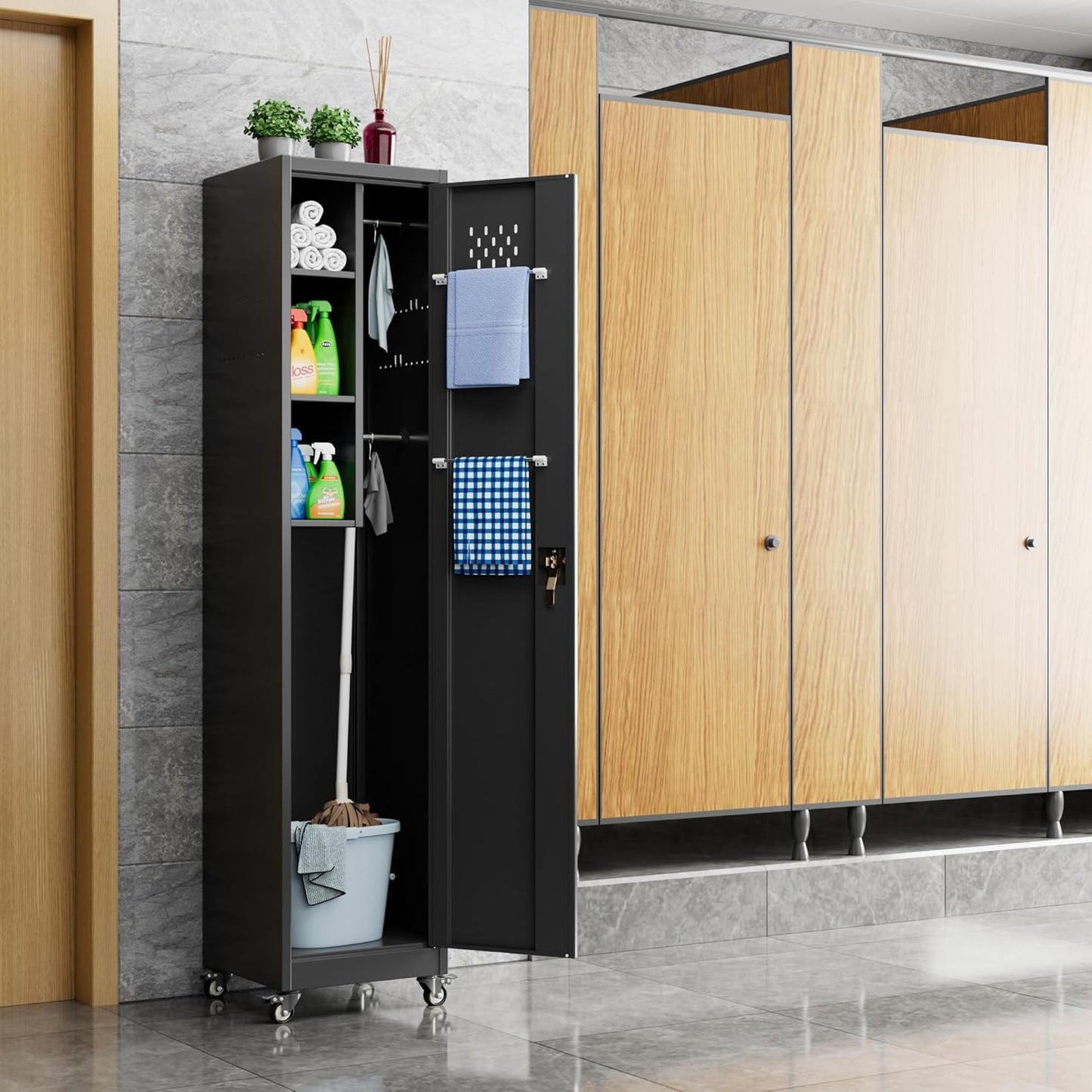 72''H Metal Broom Closet Storage Cabinet with Wheels & Pegboards, Mops Broom Closet Organizer with Locking Door & Hanging Rod,Cleaning Tool Garage Storage Cabinet,Assembly Required,Black