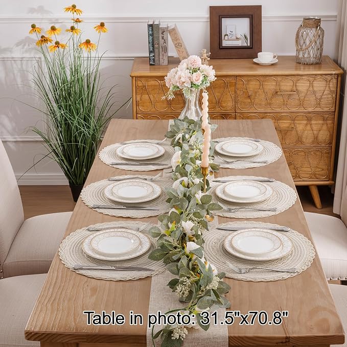 SHACOS Boho Round Placemats Set of 8 Braided Border Round Place Mats 15 inch Washable Dining Table Mats for Home Wedding Holiday Party (Ivory Bordered, 8)