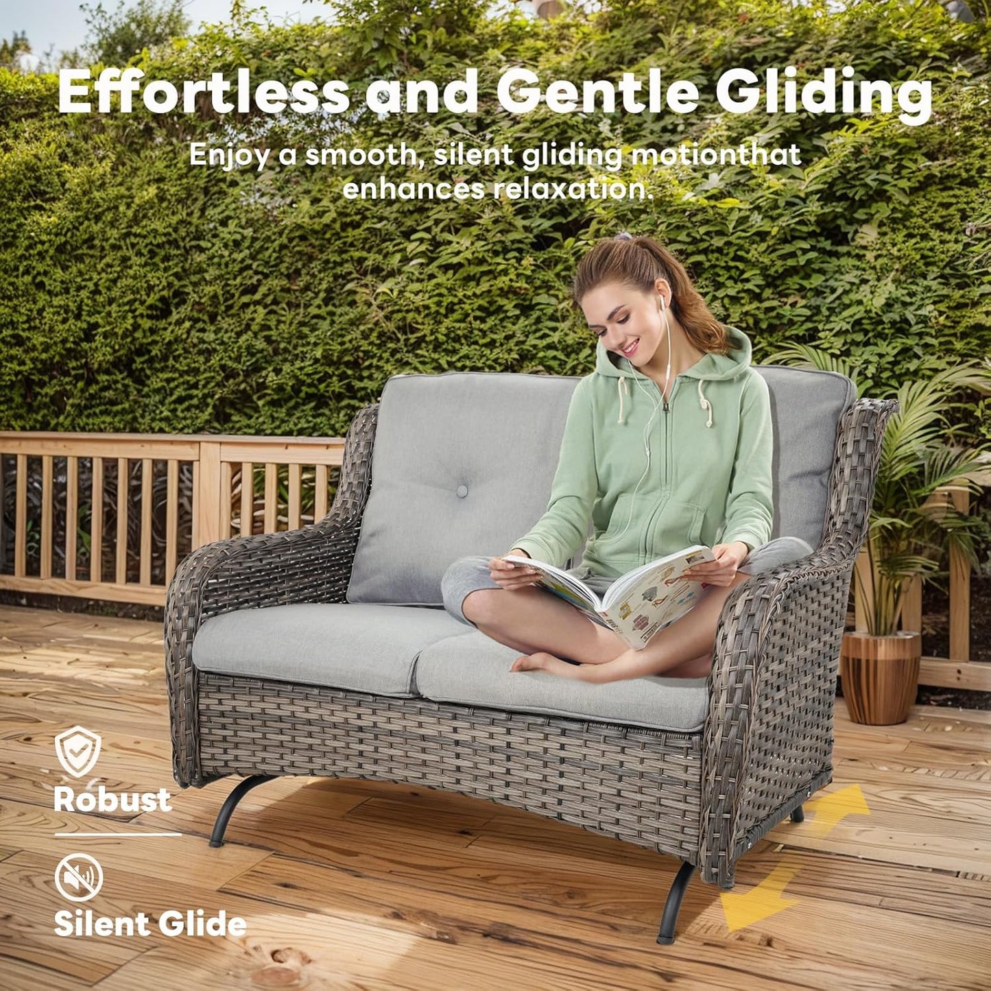 5 Piece Outdoor Patio Furniture Set - Outdoor Conversation Couch and Loveseat Glider Chair Furniture Set with Rattan Coffee Table for Deck Balcony Poolside Gray Wicker/Grey Cushions