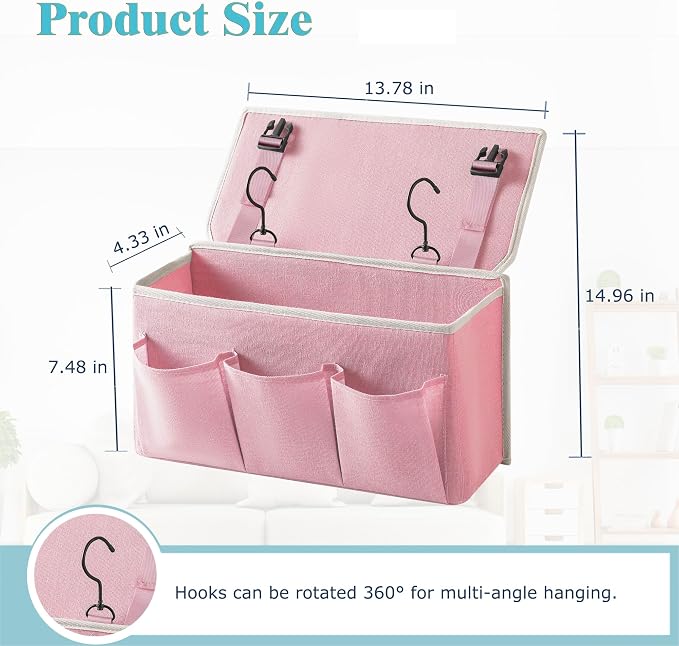 Bedside Caddy / Bedside Storage Organizer Hanging Bag with Three Options,Suitable for home beds, sofas, and dormitory beds—can hold magazines, books, phones, iPads, remote controls. (2-Pack Pink)