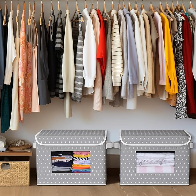 Univivi Fabric Foldable Storage Boxes [4-Pack] Large Collapsible Stackable Storage Bins with Lids, Closet Organizers and Storage Cube Basket for Home, Office, Bedroom (Gray Star, 17”x 12” x 12”)