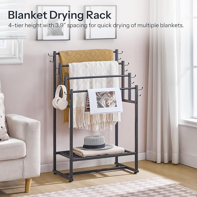 HOOBRO 4-Tier Free Standing Towel Rack for Bathroom, Blanket Rack Stand, 23.6" L x 15.9" W x 40.7" H, Freestanding Quilt Stand, Blanket Display Holder for Bedroom, Industrial Style, Black BK07LB01