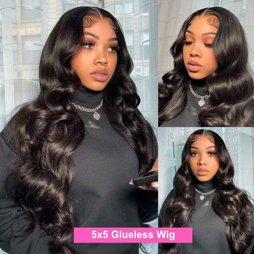 Uveous Wear and Go Glueless Wigs Human Hair Pre Cut HD Lace 5X5 Body Wave Lace Wigs Human Hair Pre Plucked 180% Density 3 Seconds to Wear Glueless Wigs for Beginners 28 Inch, Black