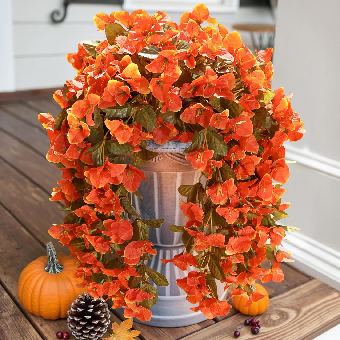 Bougainvillea Artificial Fall Hanging Flowers Plants for Outdoors Autumn Decoration, 2pcs Faux Bougainvillea Vines Orange Fake Flowers Realistic UV Resistant Silk Flowers for Outside Planter Yard Home