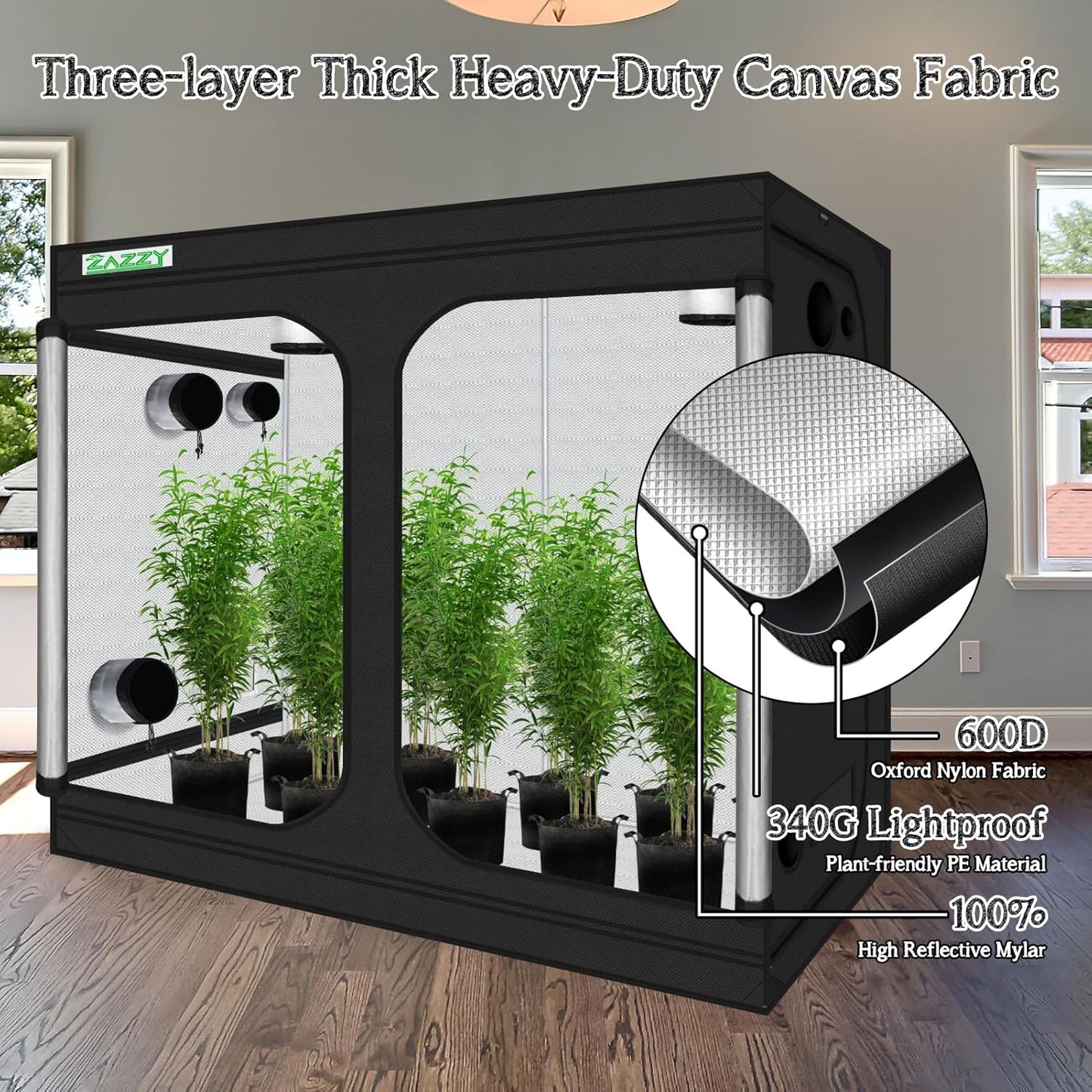 zazzy Grow Tent, 96“x48 x78 Plant Growing Tents 600D Mylar Hydroponic Indoor Grow Tent with Window, Kit Bag & Floor Tray 8x4 Growing Tent