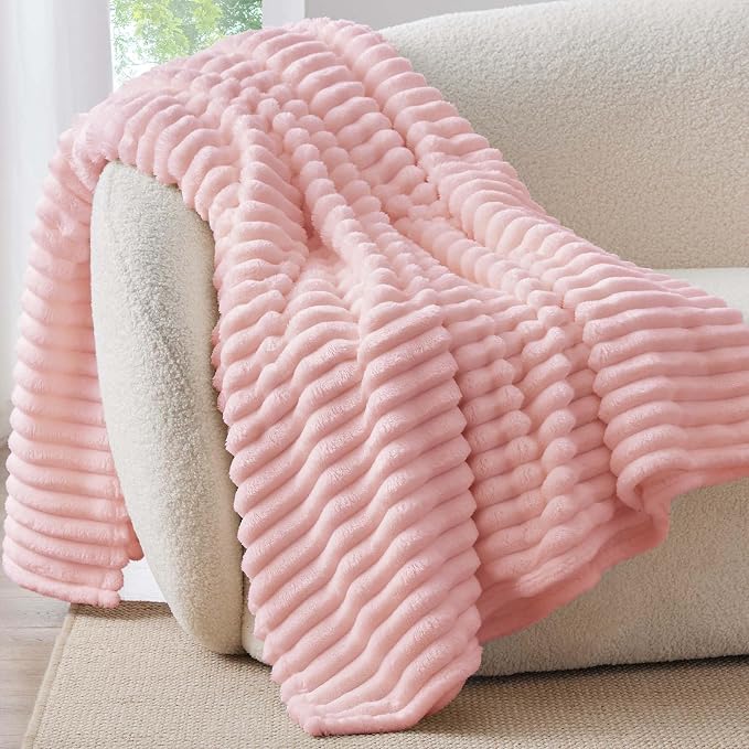 BEDELITE Throw Blanket for Couch - 300GSM Soft & Warm Fluffy Pink Blanket, Decorative and Giftable Striped Blankets for Women, Men, 50"x70"