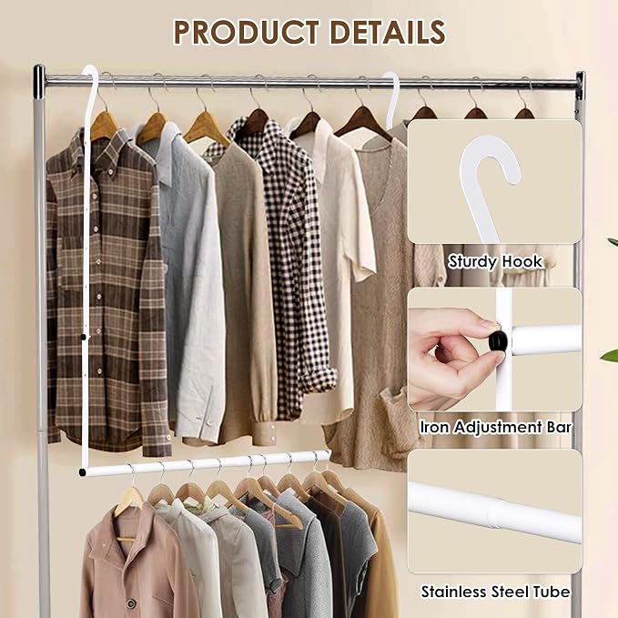 Closet Rod Extenders - White Adjustable Closet Hanging Bar, Width & Height Expandable Clothes Rod, Space-Saving Closet Organizer for Hanging Clothes, Easy Installation, 1 Pack