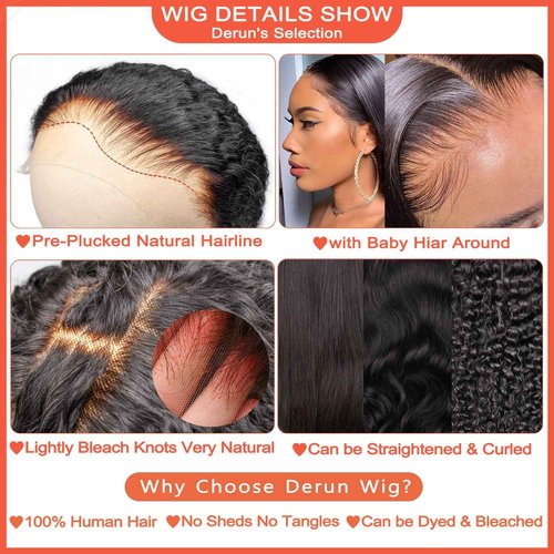 Derun 5x5 Real HD Lace Closure Wigs Human Hair 180% Density Invisible Swiss Lace Front Straight Wig Pre-plucked with Baby Hair Hairline Bleached Knots and Elastic Band Wig for Women (18 Inch, 5×5 ST)