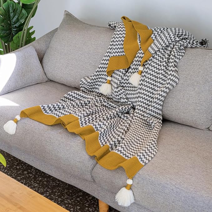 Grey Striped Throw Blanket with Tassels, Knitted Soft Boho Blanket for Couch, Sofa, Bed & Living Room - All Seasons (47.5x60 Inch)
