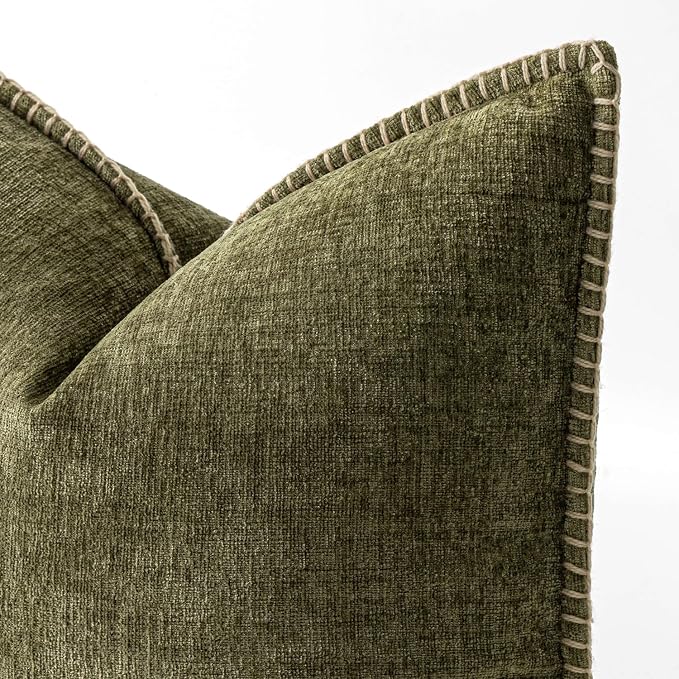 MIULEE Pack of 2 Euro Sham Pillow Covers 24x24 Inch Olive Green Farmhouse Decorative Throw Pillow Covers with Stitched Edge Soft Chenille Solid Dyed Pillow Covers for Bed Sofa Couch Living Room