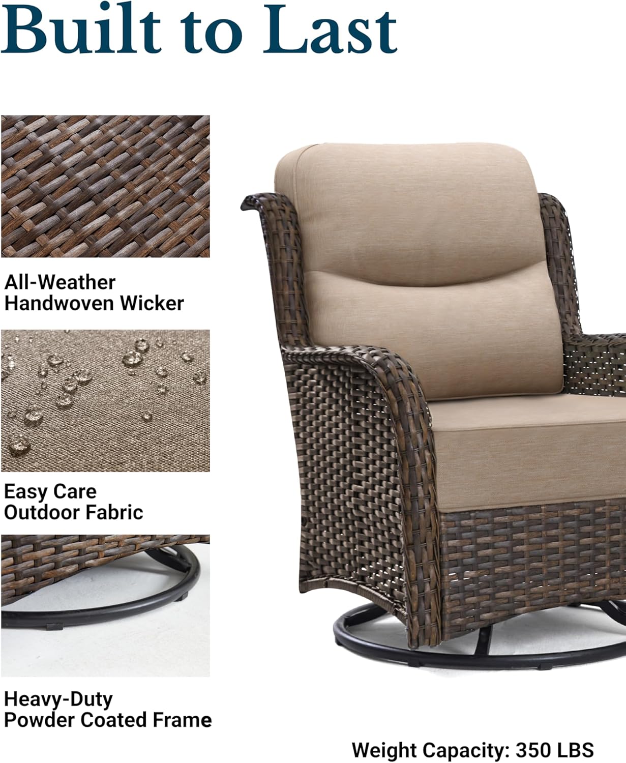 HILLGA Luxury Patio Furniture Set with 6-inch Thick Cushion, Outdoor High Back Swivel Rocker Patio Chairs, 3PCS Wicker Conversation Set for Deck Yard and Poolside, Beige (V2)
